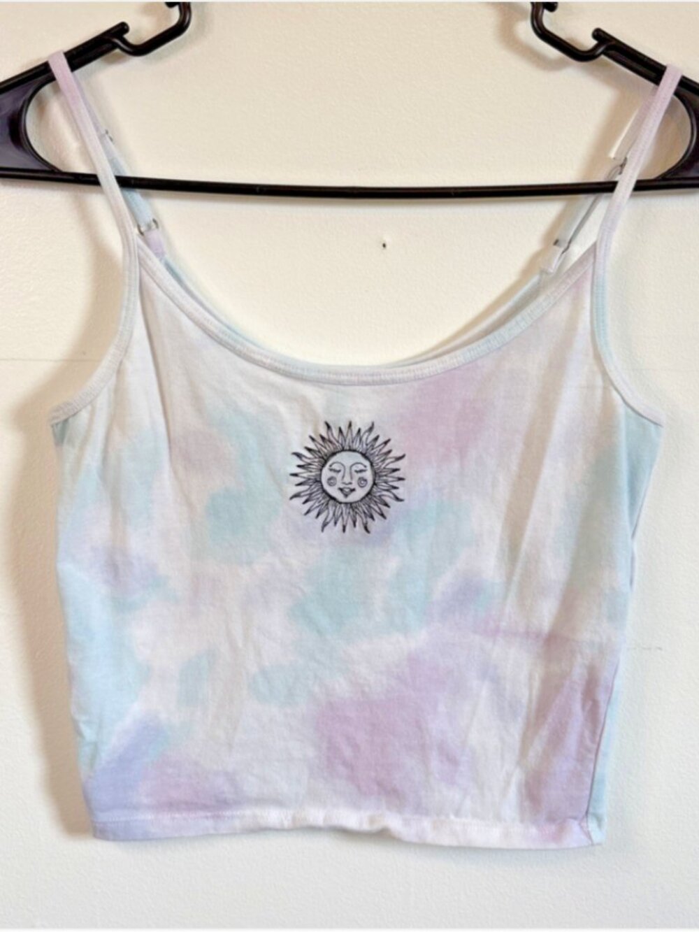 Hollister Cropped Tank Top Embroidered Sun BoHo Blue Purple Tie Dye Small